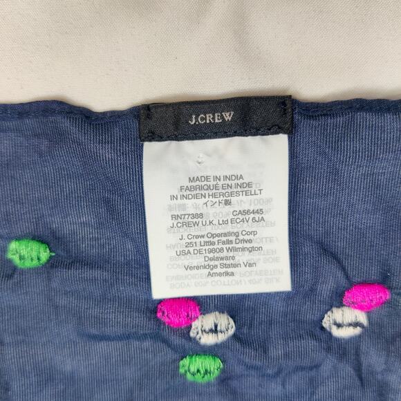 J. Crew Cotton Silk Twee Polka Dot Embroidered Navy Blue Preppy Square Scarf - Picture 3 of 7
